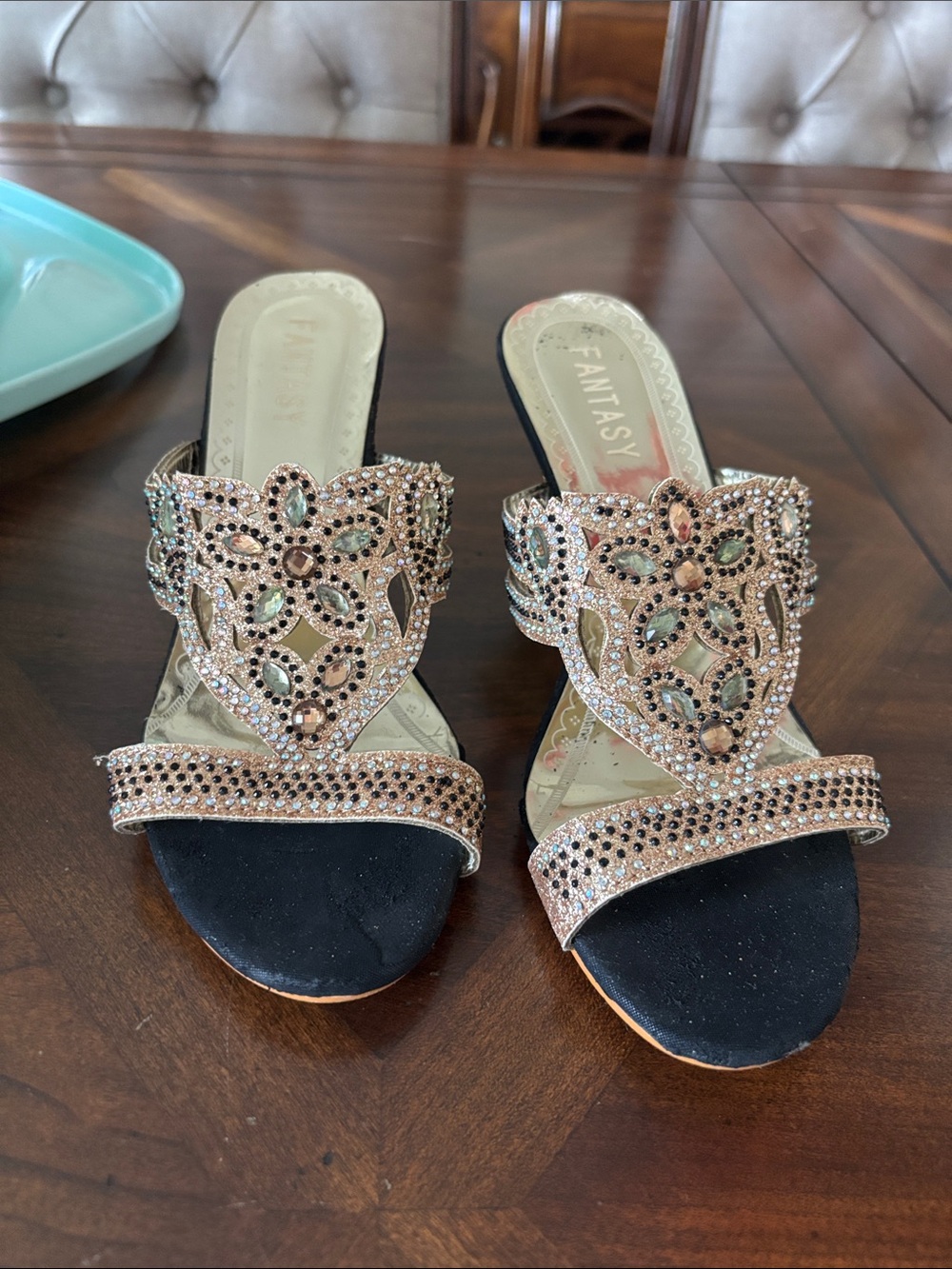 Women's Embellished Rose Gold Slide Sandals